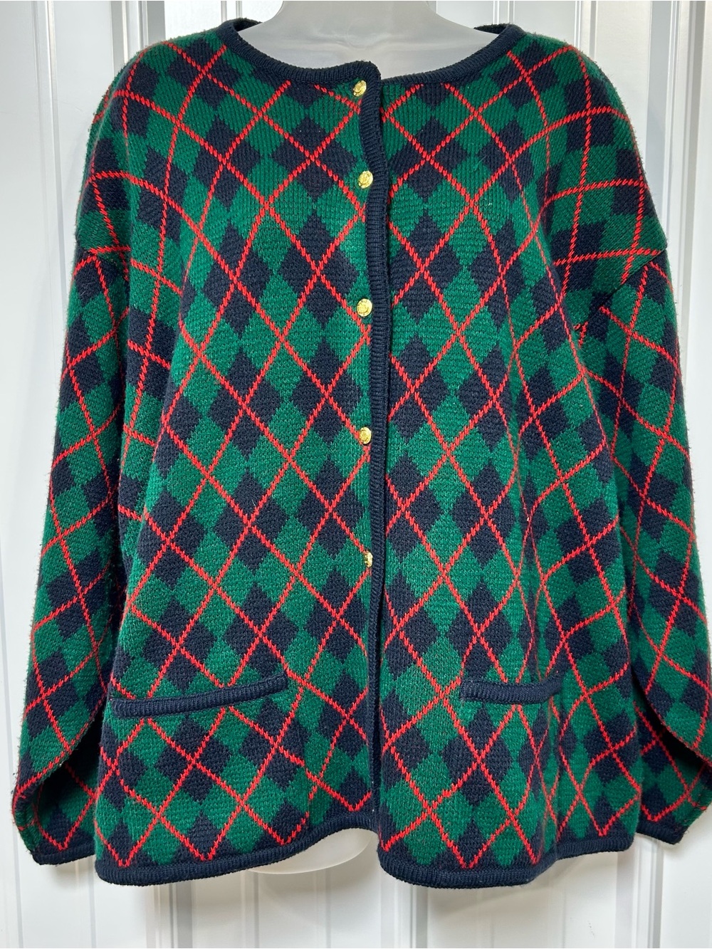 Vintage CRYSTAL-KOBE Sweater Argyle Gold Buttons Size 1X Cardigan Christmas 90s
